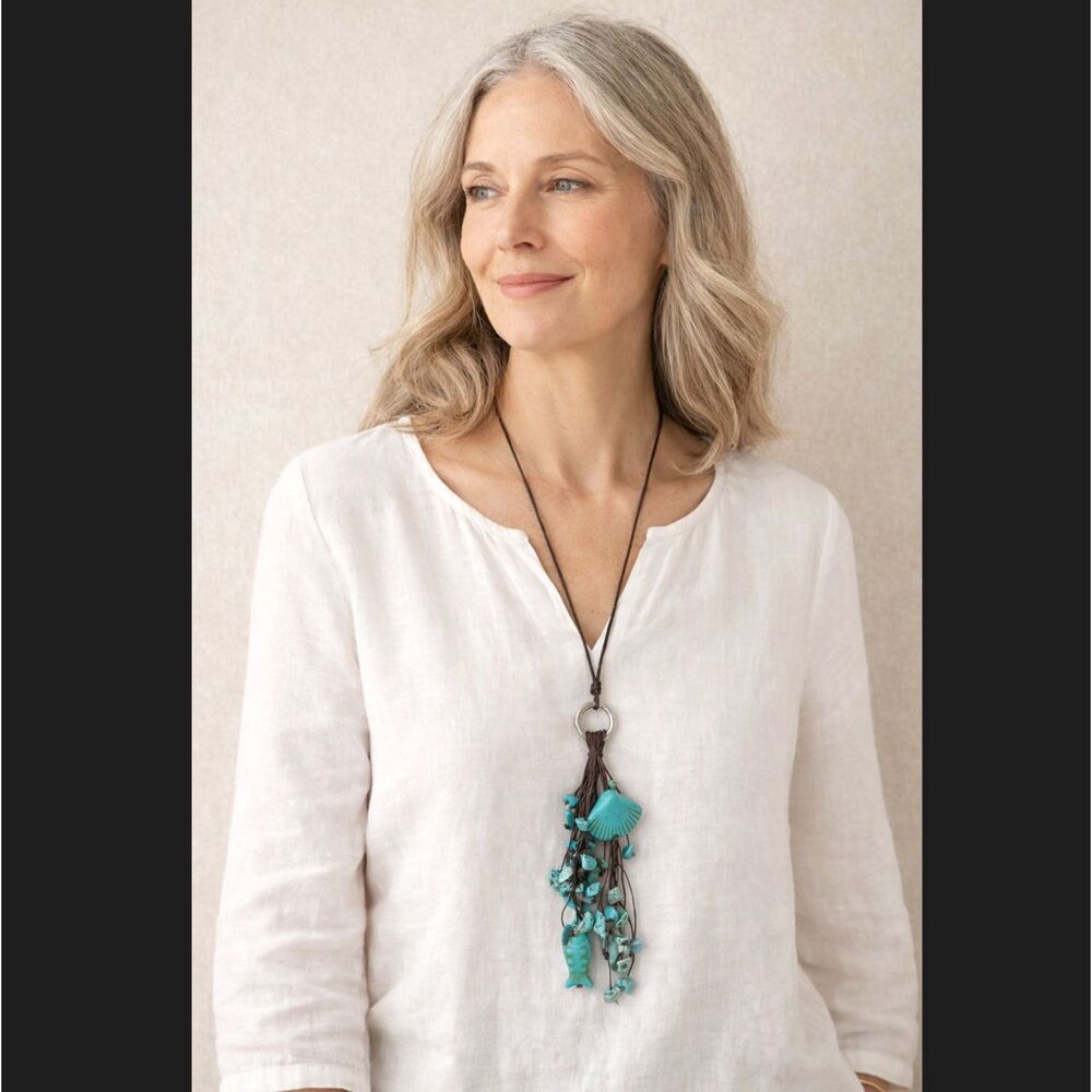 J Jill Turquoise Cluster Necklace Aqua Fish Shell Coastal Boho Cord Adjustable